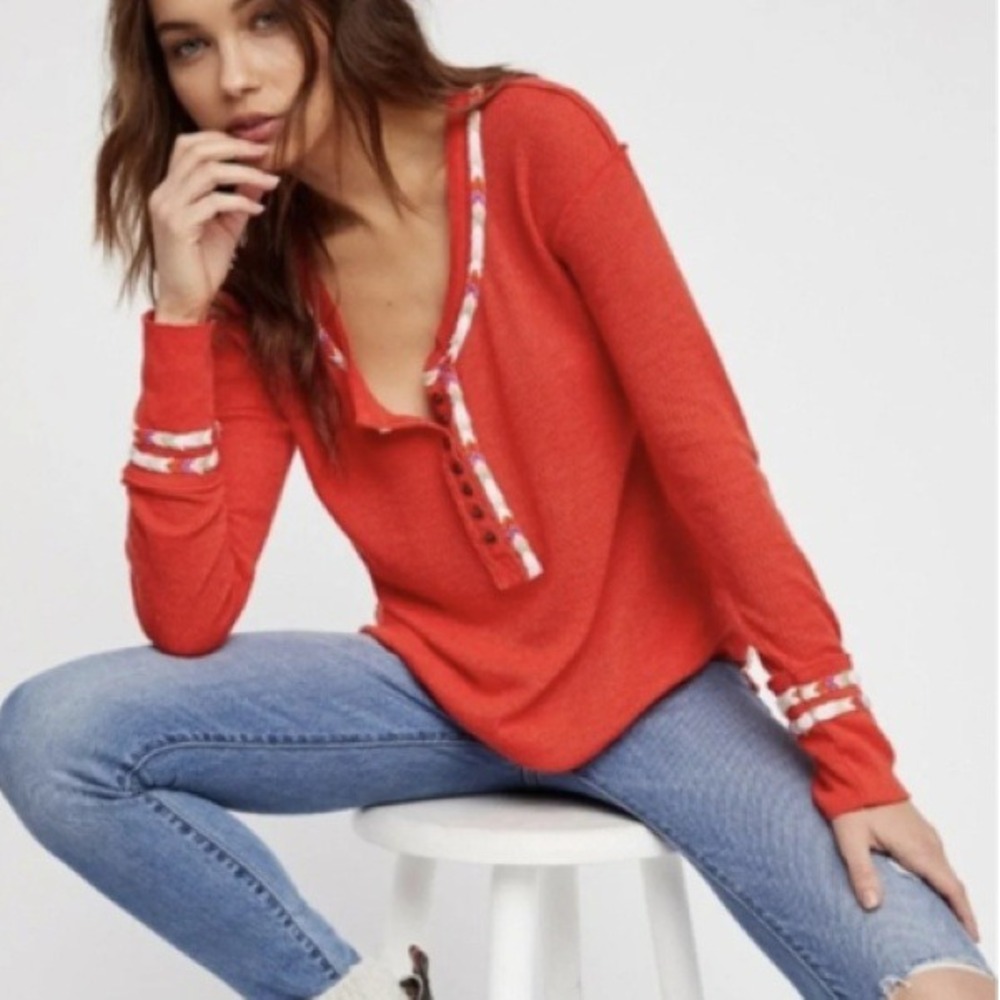 We The Free People Rainbow Thermal Top Women L Orange Henley Boho Waffle Knit